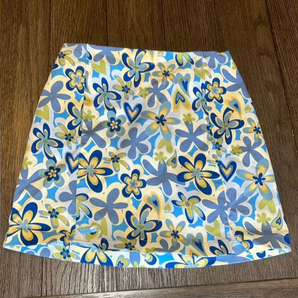 Blue, yellow, green floral mini skirt